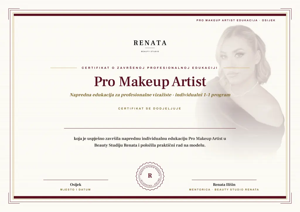 Certifikat o završenoj profesionalnoj edukaciji Pro Makeup Artist, Beauty Studio Renata